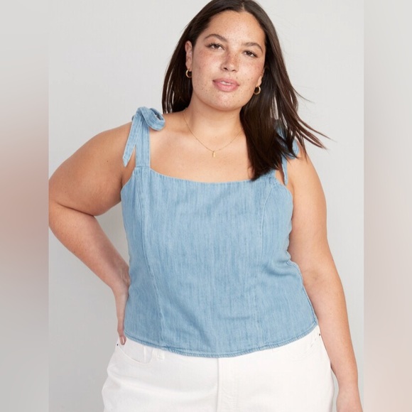 NWT! Light Wash Fitted Tie-Shoulder Cropped Jean Corset Cami Top - Multiple Size - Picture 7 of 8
